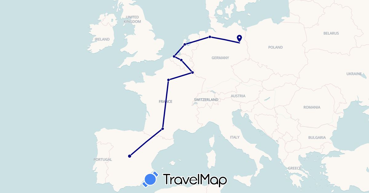 TravelMap itinerary: driving in Belgium, Germany, Spain, France, Luxembourg, Netherlands (Europe)